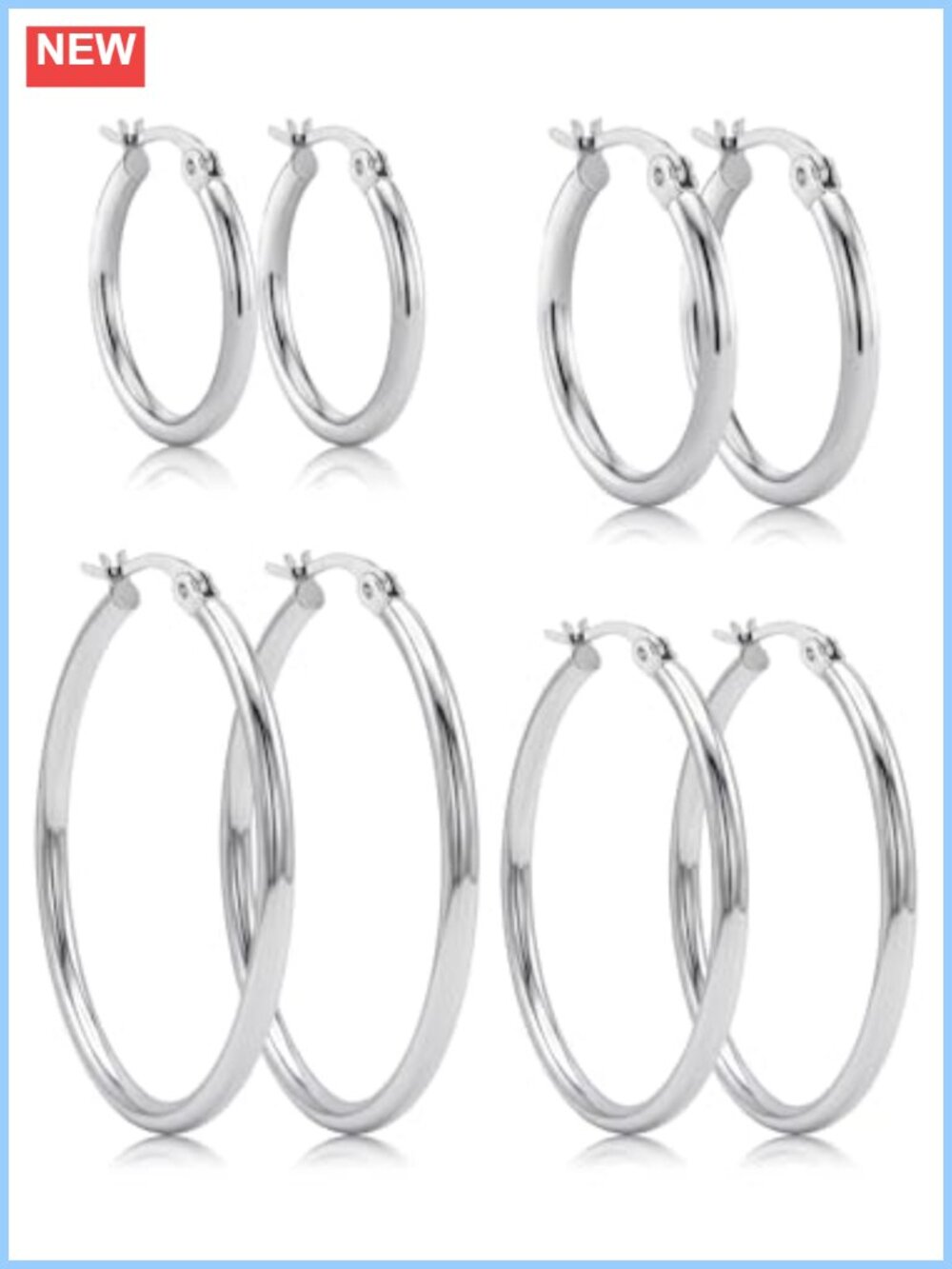 14K White Gold Plated Stainless Steel Hoop Earrings Set 4 Pairs